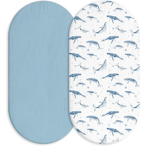 Muslin Bassinet Fitted Sheets 2 Pack, Soft Breathable Cotton Baby Bassinet Mattress Sheet Set, 360° Elastic Snug Fit, Universal for Oval, Rectangle & Hourglass Cradle, Unisex Baby Bedding (Blue Whale)
