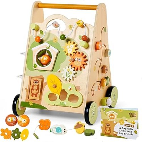 Giant bean Wooden Baby Push Walker with Activity Center – Car Traffic Theme Tool Bench Shape Sorter, Steering Wheel Gears, Montessori Toy for Toddler 1-3, Walking Toy Speed Adjustable