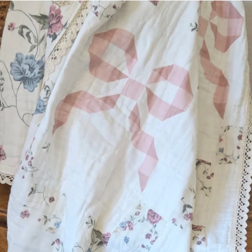 Bows and Florals Patchwork QUILTED 6 Layer Gauze Blanket