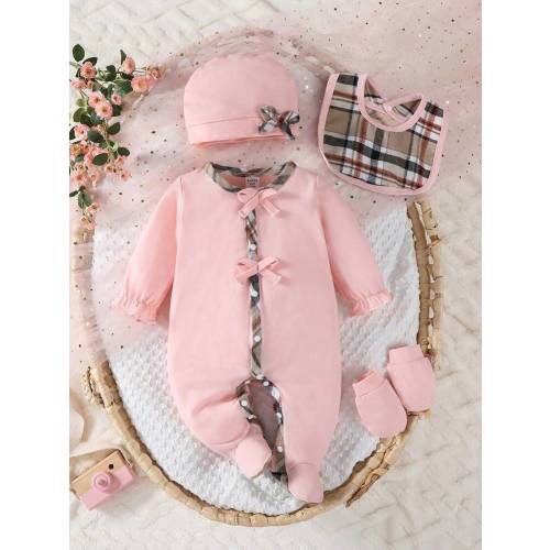 4pcs Newborn Baby Girls' Set With Long Sleeve Footed Romper, Hat, Bib, And Mittens, Plaid Pattern Cute Outfit,Cotton, Check Fall Winter | SHEIN USA