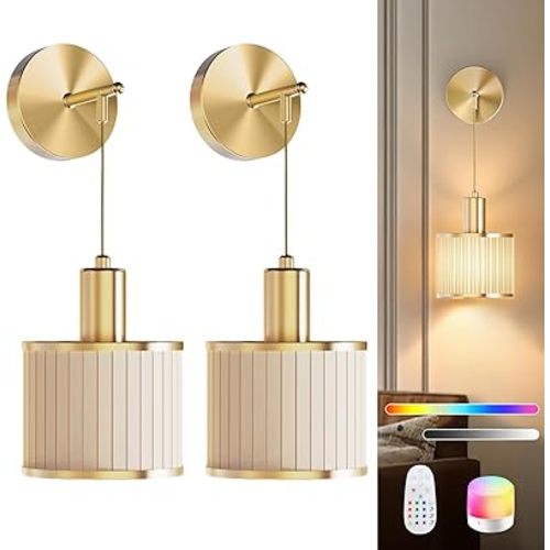 Battery Operated Wall Sconce Set of 2, Wireless Rechargeable Wall Lights with Remote Control, 9 Colors Dimmable LED Lamps, Modern Cordless Sconces for Bedroom Living Room Hallway(Gold)