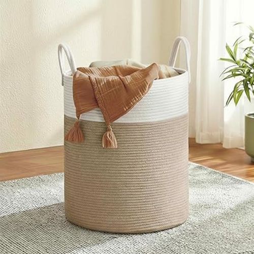 SONGMICS Laundry Hamper, Cotton Rope Laundry Basket with Handles, for Children, Toys, Clothing, Living Room, Bedroom, 15.8 Gallons, 13.8 x 13.8 x 19.7 Inches, White and Grayish Brown URLH061LZ01
