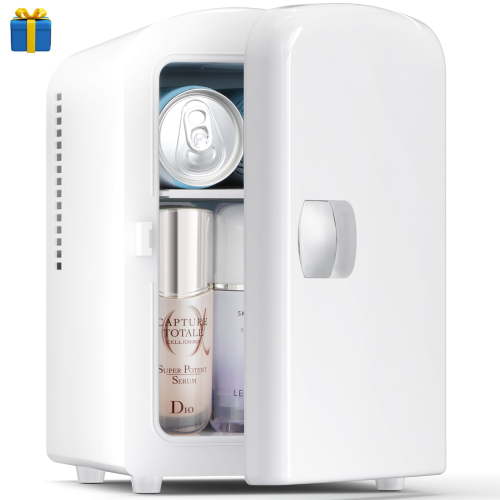 Auseo Mini Fridge Personal Beauty Refrigerator, Freon-Free & Eco Friendly, Includes Plugs for Home Outlet & DC Charger, Dorm Room, 4 Liter, White