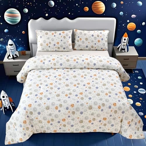 SDIII Planet Space Comforter Queen Set 3 Pieces, Silky Breathable Microfiber and Spandex, Space Themed Bedding Set Queen for Boys Girls Kids Teens