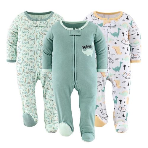 The Peanutshell Green Dino Footed Baby Sleepers For Boys, 3 Pack, Newborn, Green