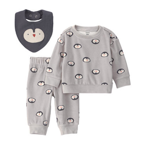 Baby Boys' Penguin-Print Long-Sleeve Top, Pants and Bib, 3-Piece Set