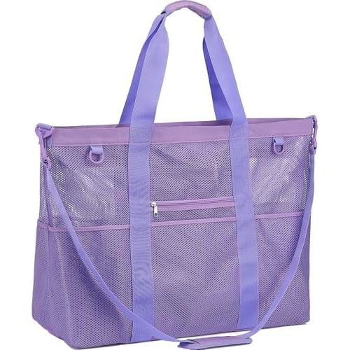 Mesh Beach Bag, Large Beach Tote with Zipper Pocket, Toys Pool Bag for Family Travel Vacation Cruise Essentials