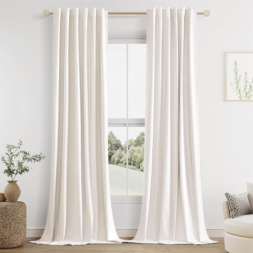 Guken 100% Blackout Linen Curtains 110 Inch Wide by 52 Inch 2 Panels Set for Living Room Bedroom Back Tab Thermal Insulated Black Out Linen Drapes Room Darkening Window Curtains, Ivory