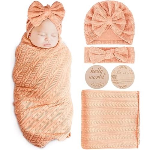 Newborn Receiving Blanket with Bow Hat Headband Wooden Card Set Wheat-Pattern Newborns Toddler Baby Boy Girl Nursery Swaddle Wrap