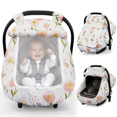 Elstey Car Seat Cover Baby, Minky Dot Carseat Covers Baby Girls, Lightweight Infant Car Seat Cover Canopy with 2 Layers Breathable Mesh Windows, Stroller Carrier for Babies Newborn Essentials