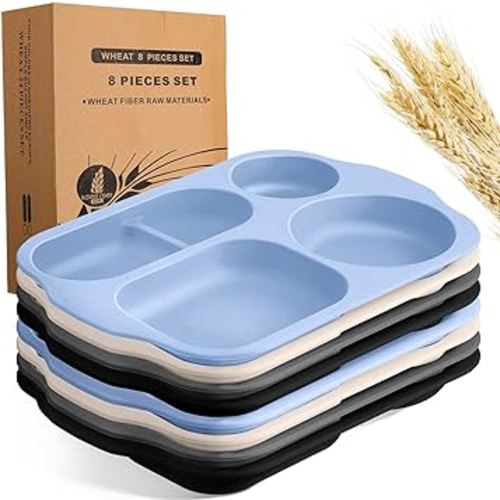 Vesici 8 Pcs Large 12 Inch Unbreakable Divided Plates for Kids Adults - Wheat Straw Tray - Microwave Dishwasher Safe - Reusable Plastic Compartment Plates(Black, Dark Gray, Blue, Beige)
