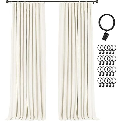 INOVADAY 100% Blackout Curtains for Bedroom, Black Out Curtains 90 Inch Long, Clip Rings Linen Blackout Drapes, Thermal Insulated Room Darkening for Living Room, 2 Panels - Lightcream,W50xL90