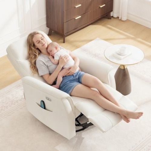 KERDOM Electric Multifunctional Swivel Rocking Chair, Leather Sitting+Lying Lounge Chair, Massage&Heating, for Living Room&Bedroom, White