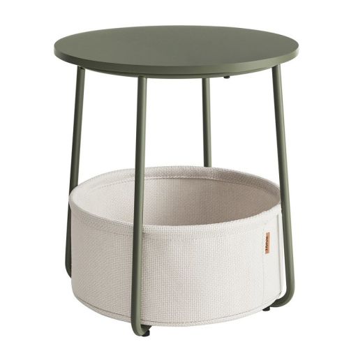 Small Round Side End Table, Modern Nightstand with Fabric Basket Forest Green and Cream White