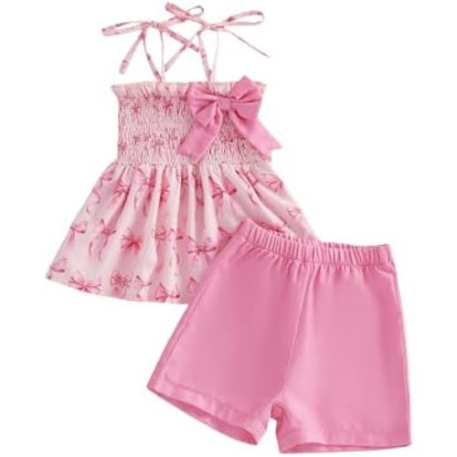 Rourufy Toddler Baby Girl Summer Clothes Cami Bow Smocked T Shirt Top Shorts Set Tulip Floral Cute Little Girls Outfits
