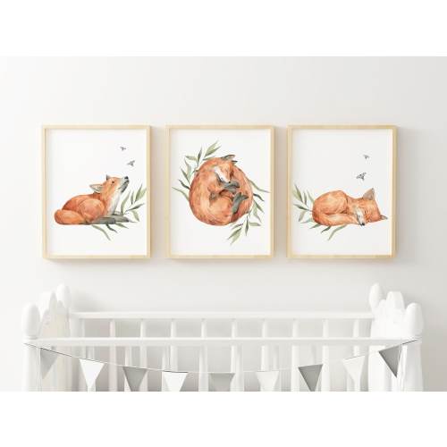 Woodland Fox Nursery Wall Art Prints, Set of 3 Prints, 3 Animal prints, Nursery Decor, Digital Download