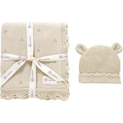 LAWKUL Baby Blanket & Beanie Hat Set 100% Organic Cotton Newborn Swaddle Beanie Soft Cozy for Infants Boy Girl Gift Beige