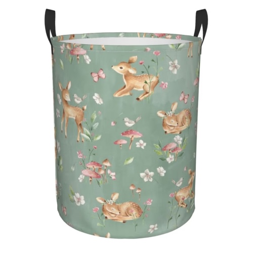 38L Round Laundry Hamper Cute Deers Storage Basket Waterproof Coating Woodland Forest Animals Butterflies And Flowers Organizer Bin For Nursery Clothes Toys