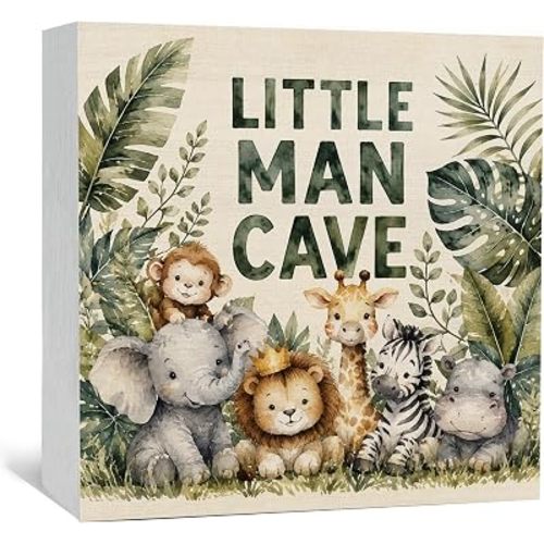 Jungle Animal Nursery Wooden Box Signs Desk Decor, Kids Room Decor, Little Man Cave Botanical Wooden Signs Desk Decorations for Kid Boys Room Bedroom Playroom Tabletop Shelf Wall, 5x5in