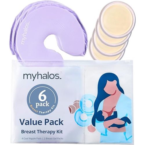 MyHalos® Breast Therapy Pack - 2 Hot Cold Breast Therapy Packs & 4 Hydrogel Nipple Pads for Breastfeeding - Breast Heating Pad Relief - Breast Ice Packs for Engorgement & Nipple Gel Soothing Pads