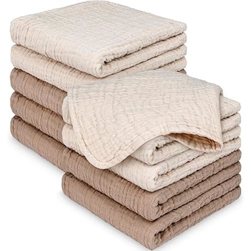 10-Pack Muslin Baby Washcloths for Newborn – 12x12" Soft Absorbent Organic Cotton Muslin Wash Cloths for Babies Girl, Boy, Infant, Toddlers, Kids Face Towel, Bath Essentials, Baby Burp Rags (Ecru)