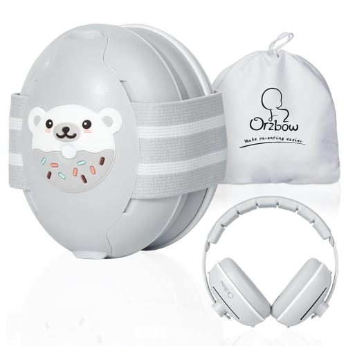 2-in-1 Baby Ear Protection for Babies Infant up to 48 Months, Baby Noise Cancelling Headphones with Cute Bear Design, Ear Muffs Noise Protection with Non-Slip Band for Airplane Travel Sleep, Gray
