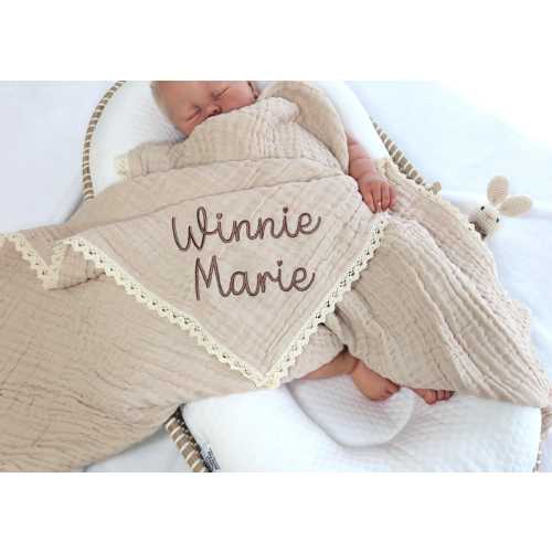 Muslin baby blanket, organic blanket, Personalized baby swaddle blanket, embroidered name newborn gift, baby shower gift