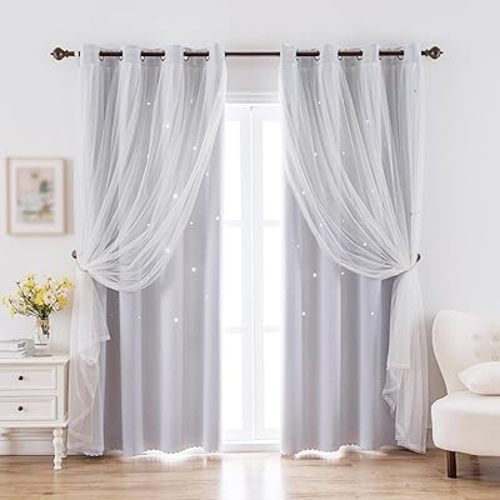 indistar Star Cutout Kids Window Blackout Curtains for Girl Bedroom Window Room Darkening Curtains & Drapes Baby Nursery Curtains (2 Panel,52Wx72L inch,Greyish White)