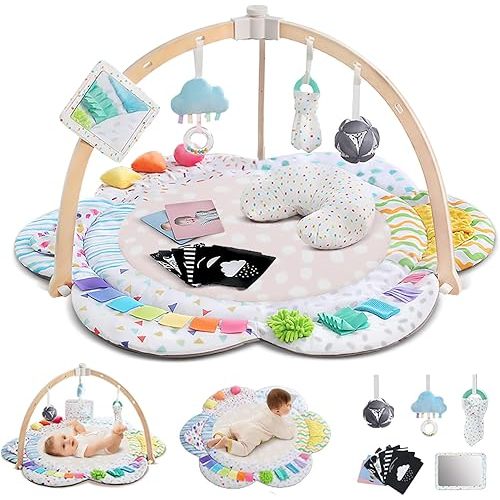 Baby Play Gym & Activitiy Mat, Upgraded 6 Developmental Zones, Tummy Time Mat with Sensory Toys for Motor Skill & Sensory Development, Essentials Shower for Baby