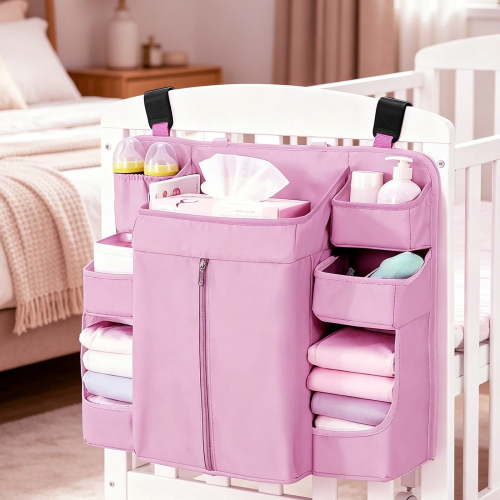 Crib Organizer Hanging Storage Rack - Washable Oxford Fabric Nursery Caddy with Diaper & Bottle Pockets