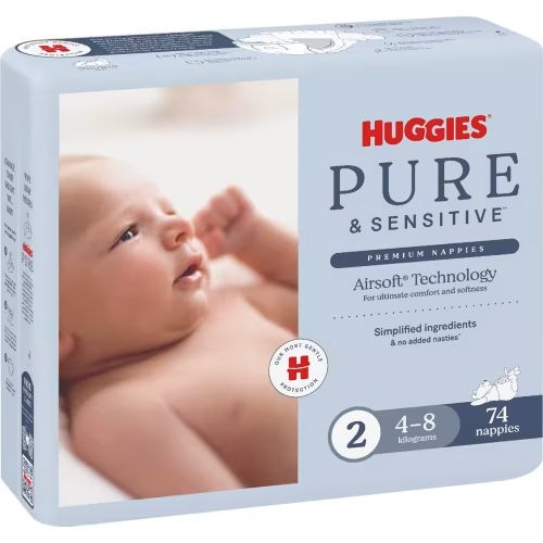 Huggies Pure & Sensitive Nappies Size 2 (4-8kg) 74 pack