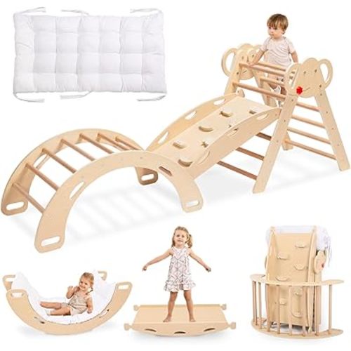 WINGYZ Pikler Triangle Climbing Set with Cushion,Wooden 8 in 1 Jungle Gyms for Toddlers 1-3, Indoor Playground for Kids ,Baby Montessori Climbers & Play Structures(Teak)