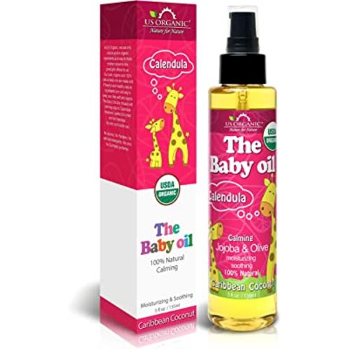 US Organic Baby Oil with Calendula, Smooth Caribbean Coconut, Certified Organic by USDA, Jojoba & Olive Oil with Vitamin E, No Alcohol, Paraben, Artificial Detergents, Color, Synthetic Perfume, 135ml