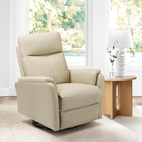 Modern Leather Swivel Rocker Recliner – Glider Reclining Chair with Footrest, Wide Seat Cushion & Comfortable Support for Living Room, Nursery, Bedroom, Mist Color
