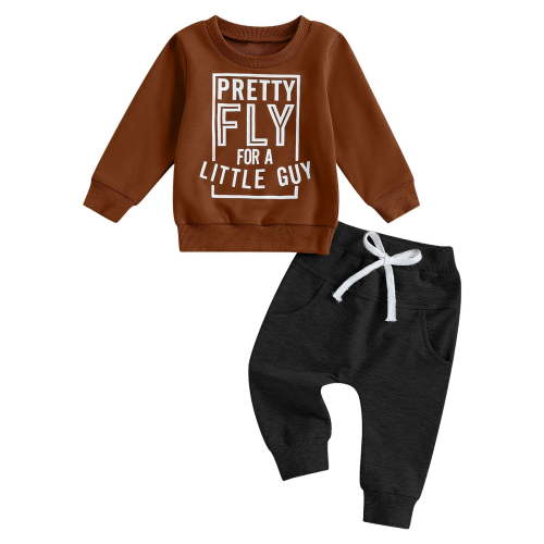 HCNTES Toddler Baby Boy Clothes Letter Print Long Sleeve Sweatshirt Pullover Pants 2Pcs Fall Winter Outfits(Z011-Brown,3-6 Months)