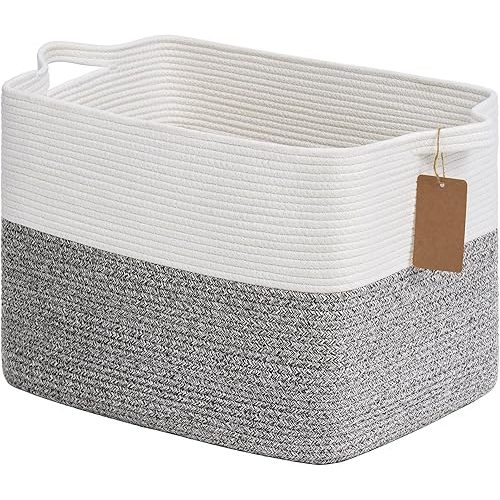 Goodpick 50L Large Woven Rope Storage Basket with Handles, Light Gray