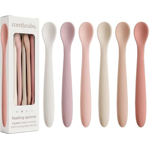 Comfy Cubs Silicone Baby Spoons Set 6-Pack, Blush 6.46 x 0.95 in – BPA Free, Soft Gum-Safe Toddler Eating Essentials – Lightweight & Flexible Baby Spoons, Dishwasher Safe, Fun Utensils for Babies