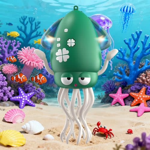 SWTOIPIG Interactive Dancing Octopus Toy, LED Light-Up Music Crawling Squid with Smart Obstacle Avoidance & Fishing Rod,Tummy Time Baby Toy, Musical Toy for 3 4 5 6 Year Old Boys and Girls(Sky Blue)