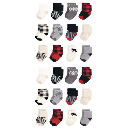 Hudson Baby Cotton Rich Baby Terry Socks 24-Pack, Buffalo Plaid Moose, 0-6 Months
