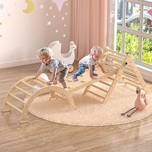 XJD 7 in 1 Pikler Triangle Set, Foldable Climbing Toys for Toddlers, Toddler Indoor Playground for 1-6 Years, with Ramp Sliding or Climbing, Rocker, Wooden Climbing Set (5-1-Primary Colors)