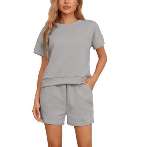 cheibear Women's Short Sleeve Tops and Shorts with Pockets Lounge Pajama Sets