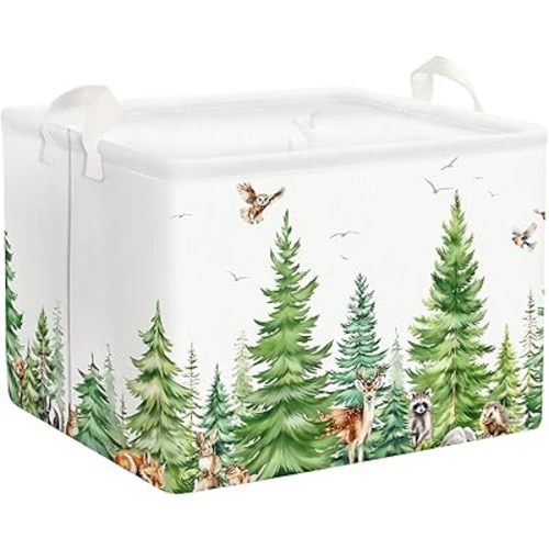 Clastyle Large Watercolor Pine Tree Animal Storage Basket Rectangle Deer Owl Woodland Nursery Decor Basket Hedgehog Raccoon Clothes Toy Book Shelf Basket Baby Nursery Bedroom Living Room Bin