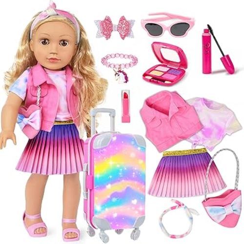 18 Inch Girl Doll Makeup Accessories Set and Clothes, Fit 18 inch Dolls, Suitcase Clothes Bag Hairband Eyeshadow Mascara Brush Lipstick Bracelet Sunglasses Hair Clips (Dolls and Shoes Not Included)