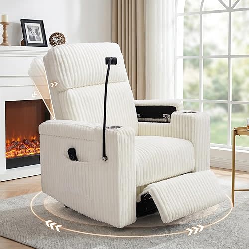ABCASA Power Recliner Rocking Chair Nursery Glider, Swivel Reclining Nursery Rockers for Baby Room & Living Room, Corduroy Chair with Phone Holder, USB/Type-C Ports, Arm Storage, White