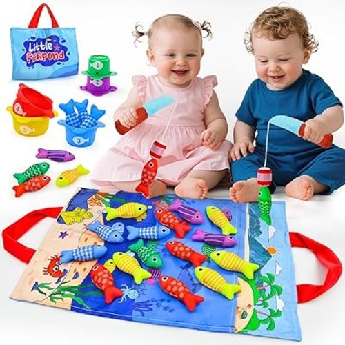 Montessori Toys for 1+ Year Old – 23 PCS Fishing Game Toys with 2 Poles & 15 Fish, 10-in-1 Cloth Fishing Toys for Counting, Color & Shape Learning, Easter Birthday Gifts for 1+ Year Old Boys Girls