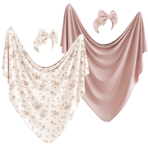 Konssy 2-Pack Stretchy Swaddle Blankets, Baby Receiving Blankets, 41"x41" | Snug & Easy to Wrap, Lightweight & Cozy, for Swaddling, Receiving & Stroller, Headbands for First Photos (Taupe, Blossom)