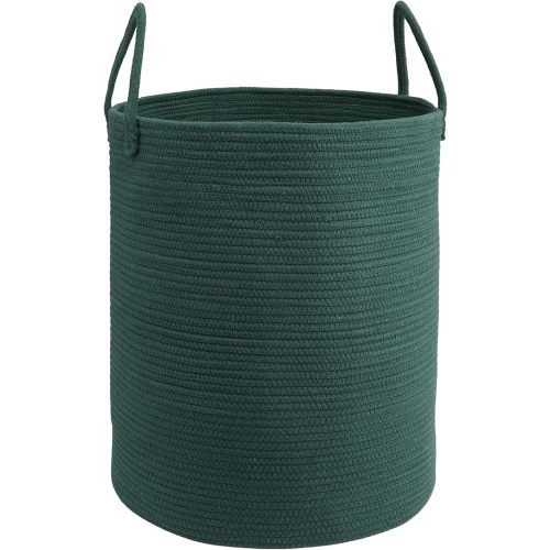 Woven Cotton Rope Laundry basket-15”X20” Laundry Hamper-Rope Storage Basket for Dirty Clothes, Toys and Blankets Perfect for Bathroom, Baby nursery and Living Room Storage (dark green)