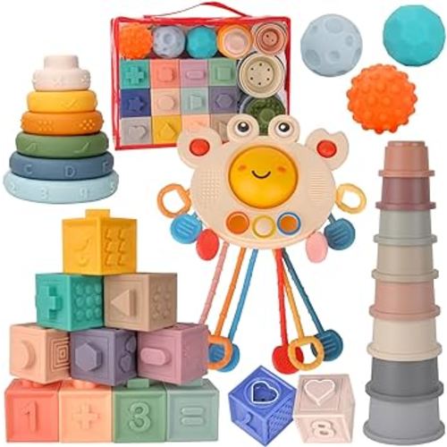 Yolesty 5-in-1 Montessori Sensory Baby Toys for 6 to 12 Months, Educational Stacking Building Blocks Cups Rings & Soft Infant Teething Activity Toys & Sensory Balls for Toddlers Boys Girls 1 2 3