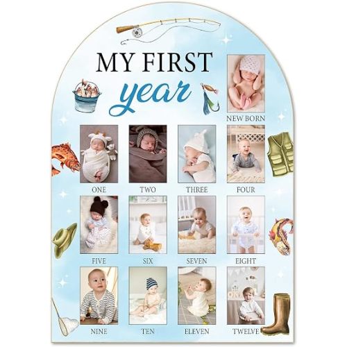 Fishing My First Year Photo Board, Fisherman Newborn & Baby 12 Months Milestone Board (2 x 3" Photo), My First Year Picture Frame, Nursery Decor for Wall Desk, Baby Keepsake Gift for Girl Boy -06