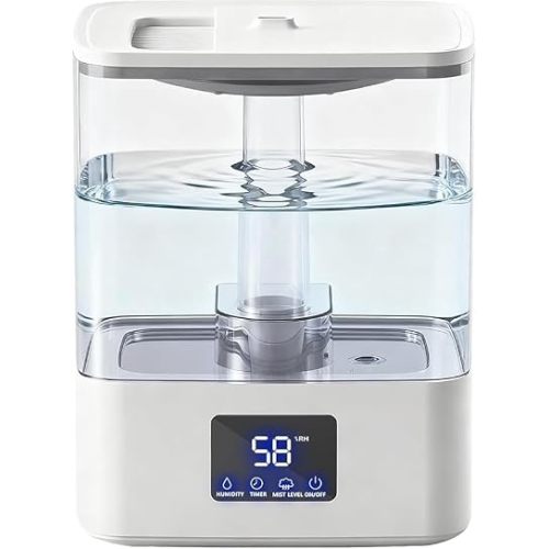 KZF 4L Top Fill Cool Mist Humidifier for Bedroom with 15H Runtime, 3 Mist Levels, 8H Timer, Essential Oil Tray, Humidity Display, Quiet Operation for Baby, Plants, Large Room